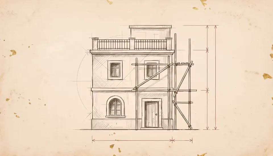 An architect's sketch of a Mediterranean house fills in with plaster, shutters and scaffolding