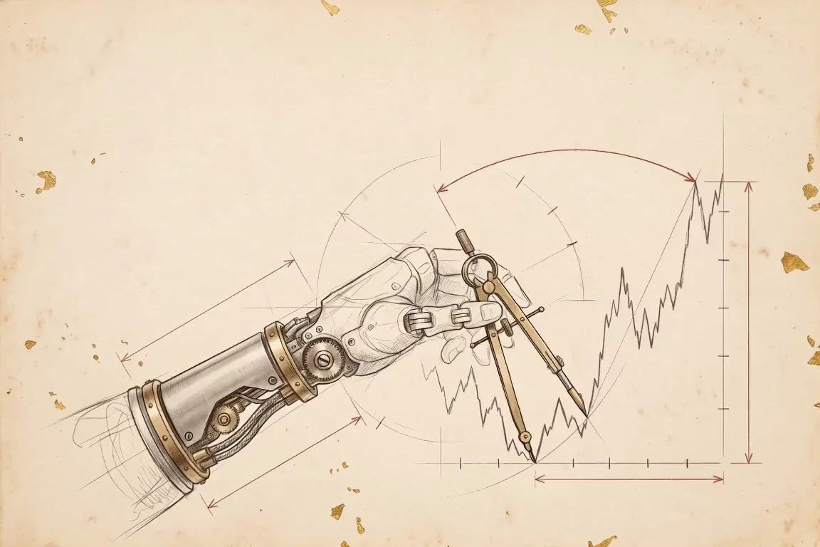 A mechanical arm on a notebook page, sketched in pencil at the hand, turns into brushed metal and opens a pair of brass dividers from the low of a price chart to its peak.